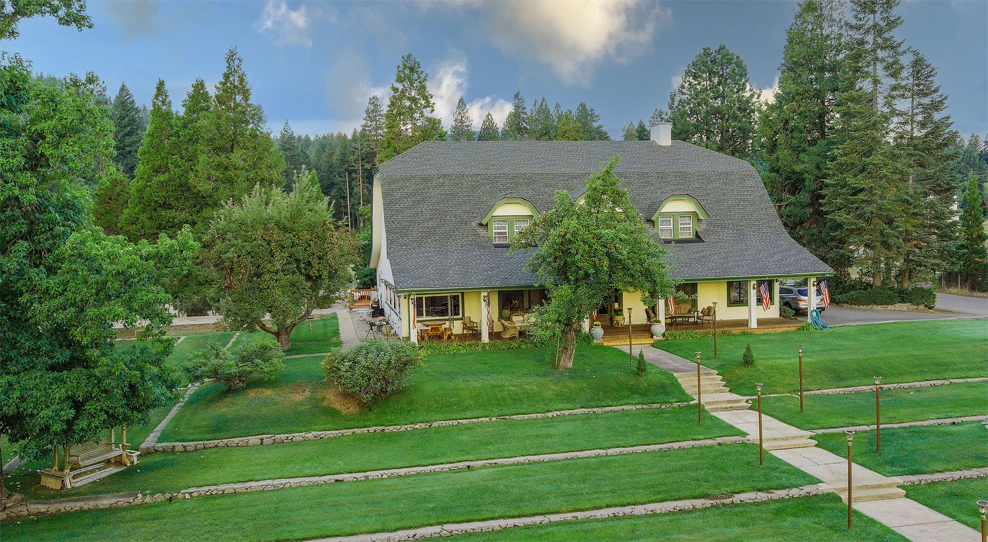 Aerial view of Mount Shasta Ranch with the mountain behind it